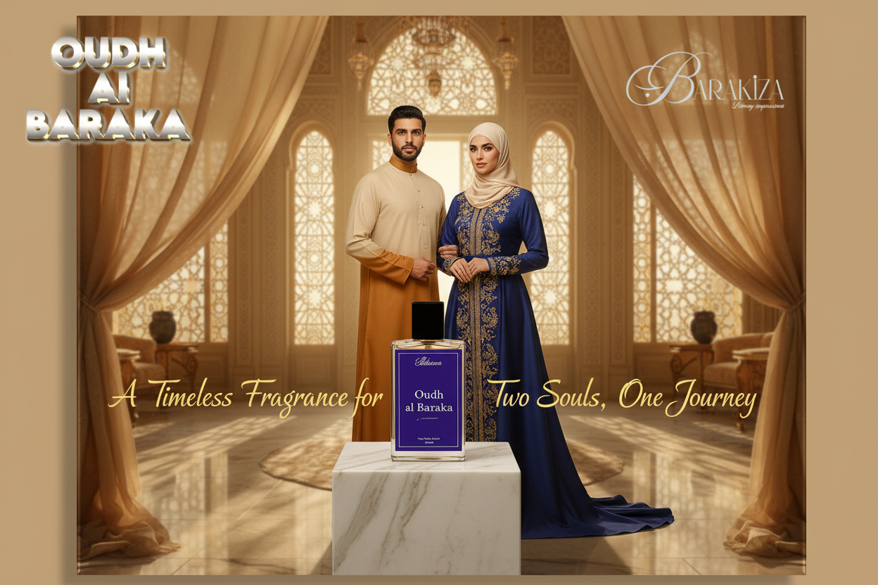 Ad for Oudh Al Baraka with perfume bottle.