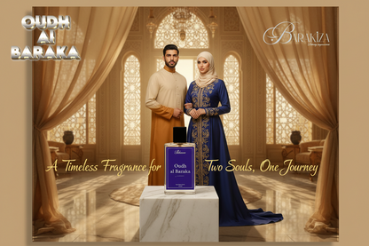 Ad for Oudh Al Baraka with perfume bottle. 