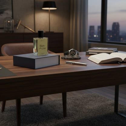 Perfume bottle labeled 'Epic Aura' on a blue book with 'Barakiza' branding.