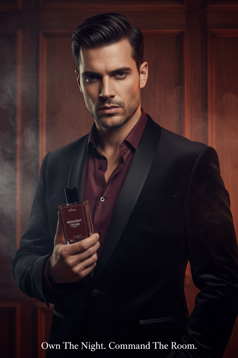 Barakiza Midnight Cedar eau de parfum bottle with a handsome man 