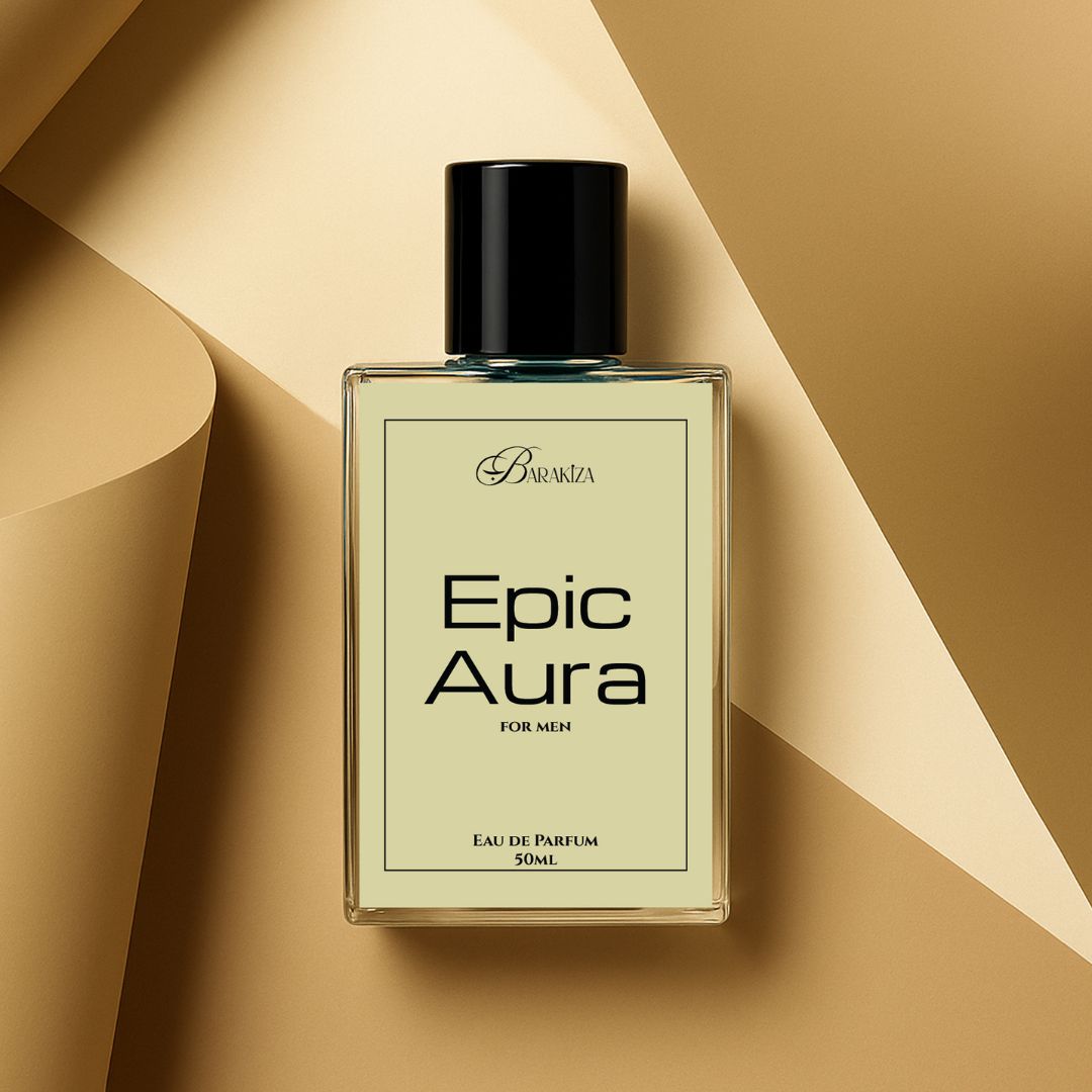 Perfume bottle labeled 'Epic Aura' on a beige background