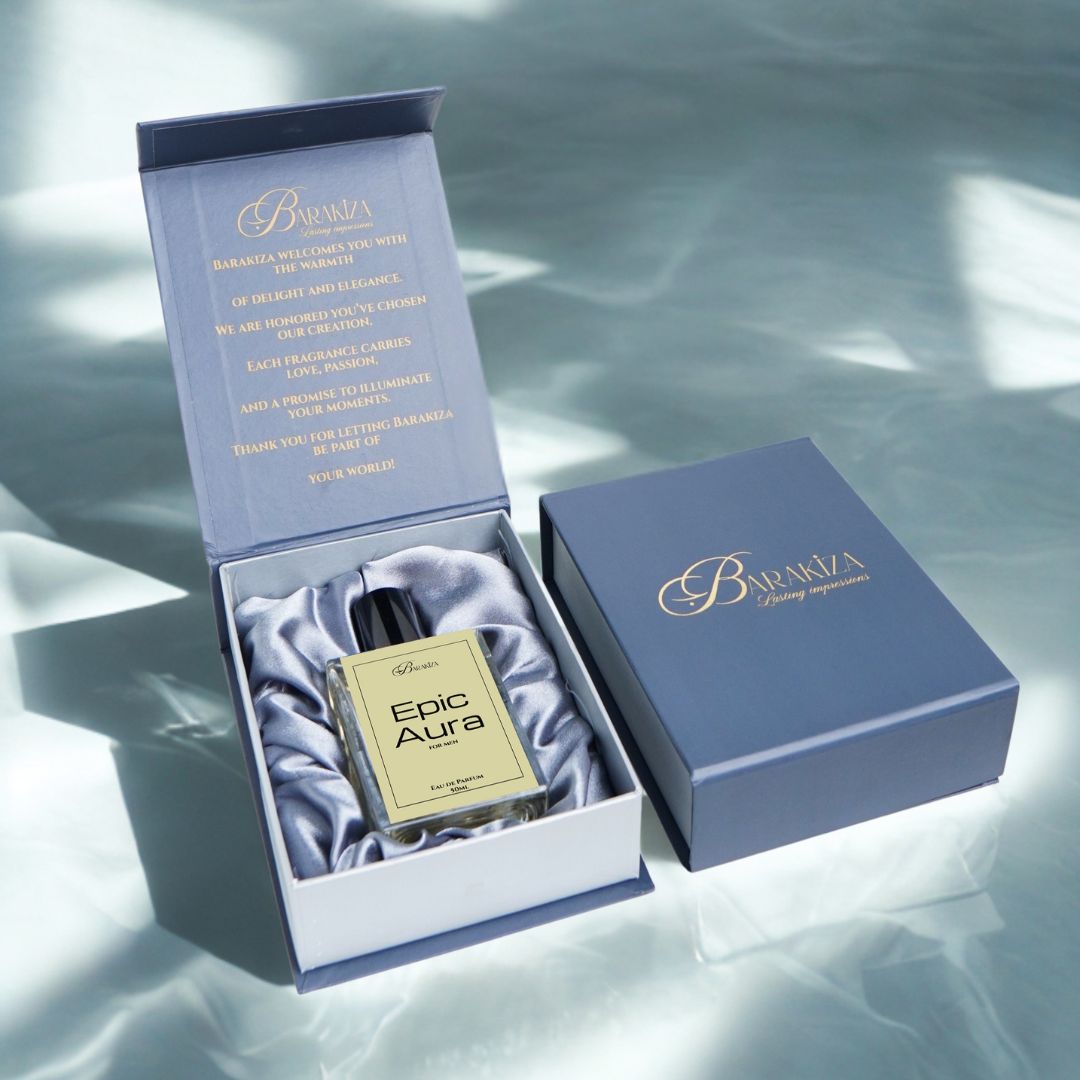 Barakza Epic Aura perfume bottle in a decorative box on a light background