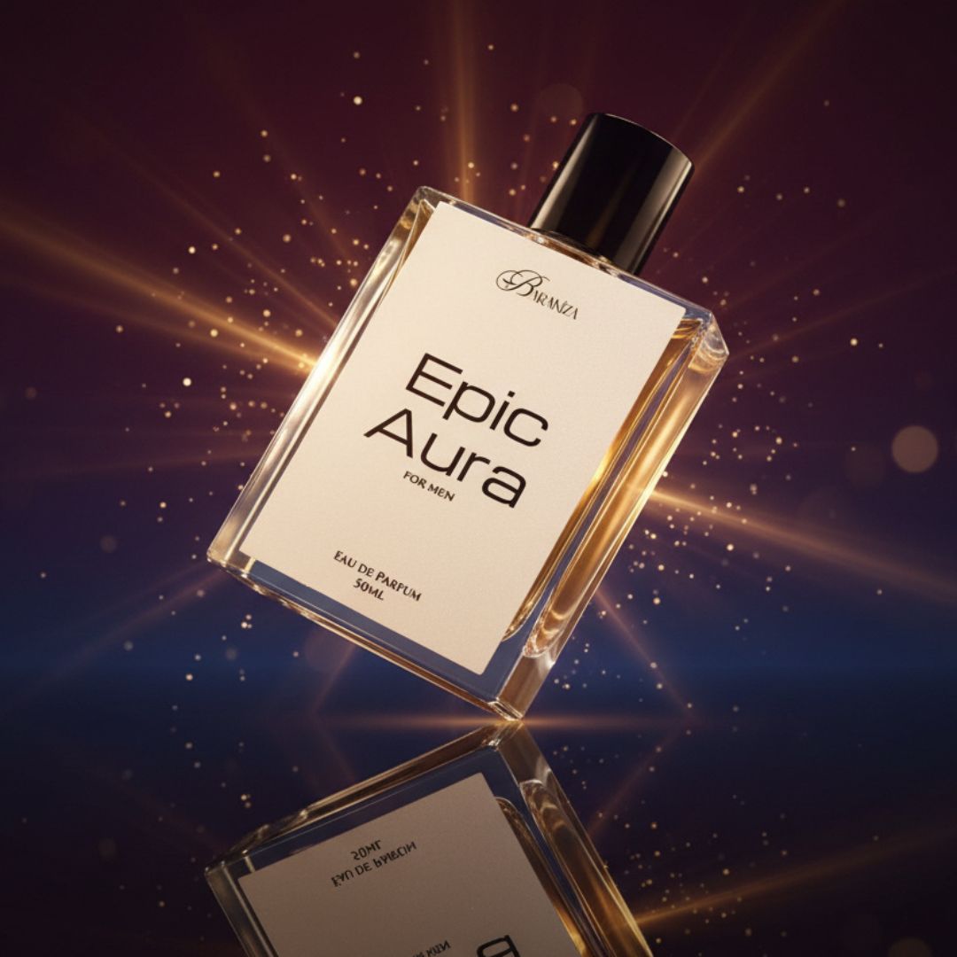 Perfume bottle labeled 'Epic Aura' on a reflective surface with a starry background