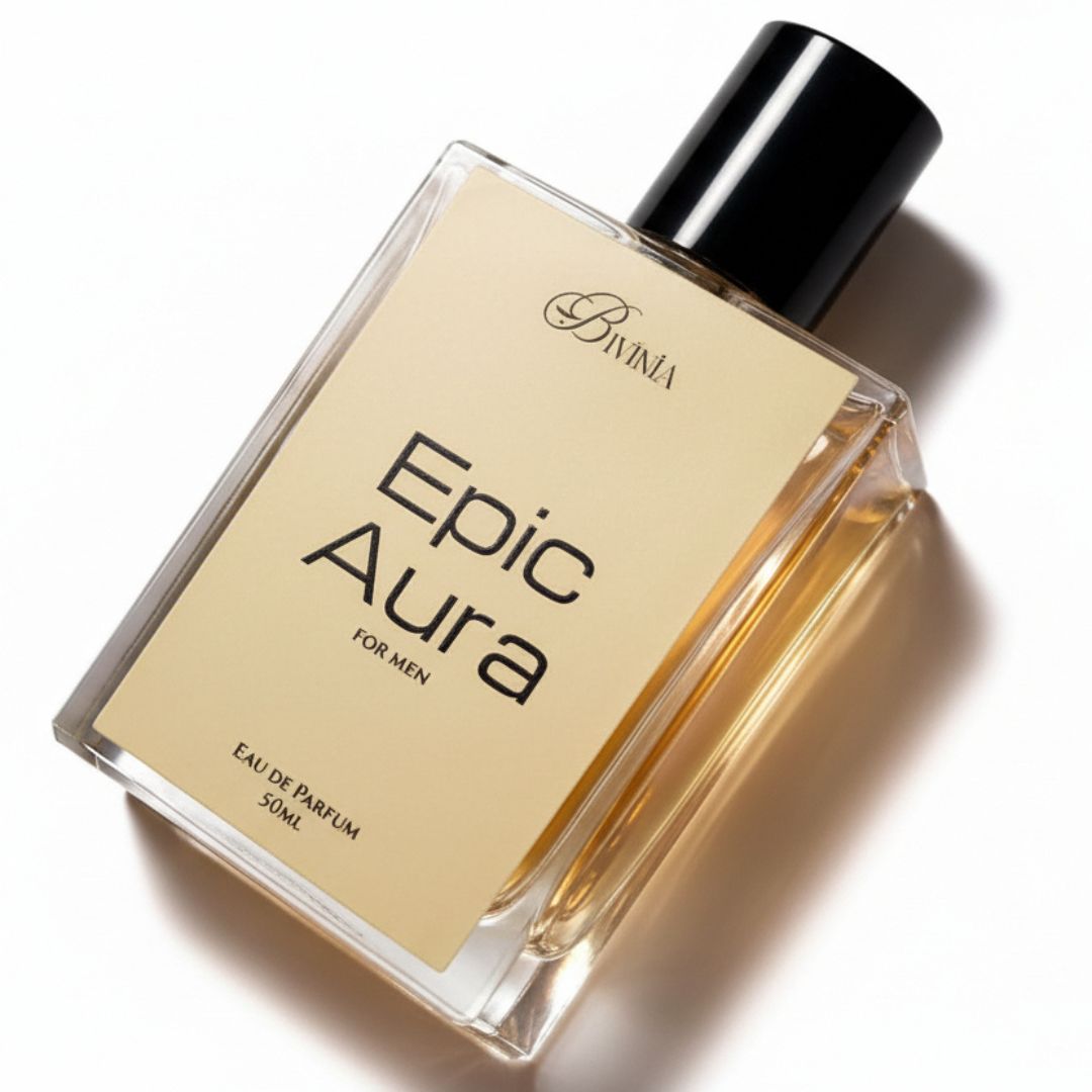 Perfume bottle labeled 'Epic Aura' by Bvlgari on a white background