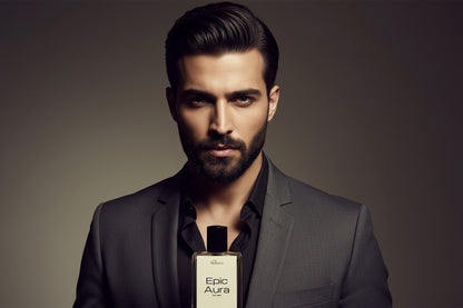 Perfume bottle labeled 'Epic Aura' on a light gray background