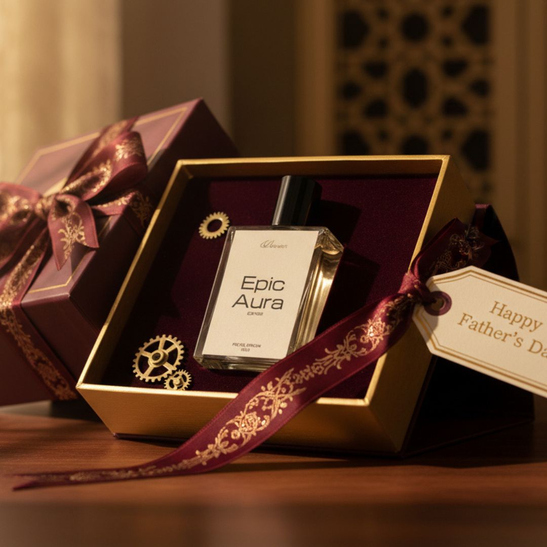 Epic Aura perfume bottle in a decorative box with a bow and Father's Day tag.