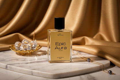 Perfume bottle labeled 'Epic Aura' on a reflective surface