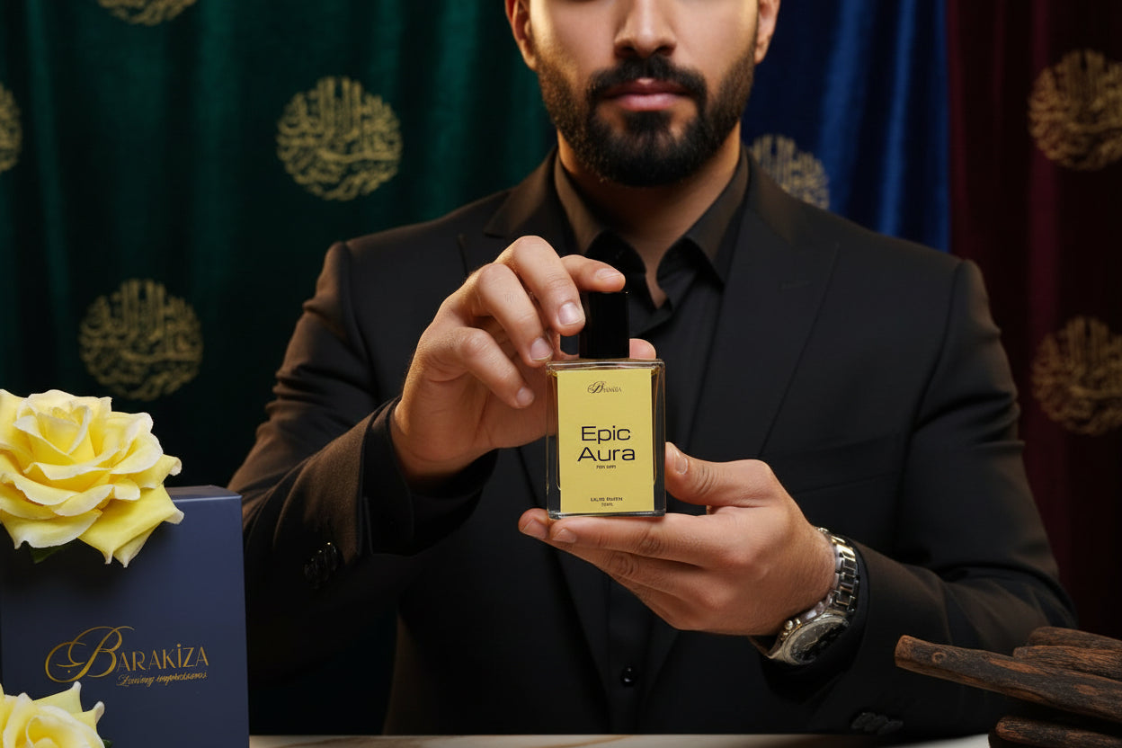 Perfume bottle labeled 'Epic Aura' with a decorative box and yellow flowers in the background