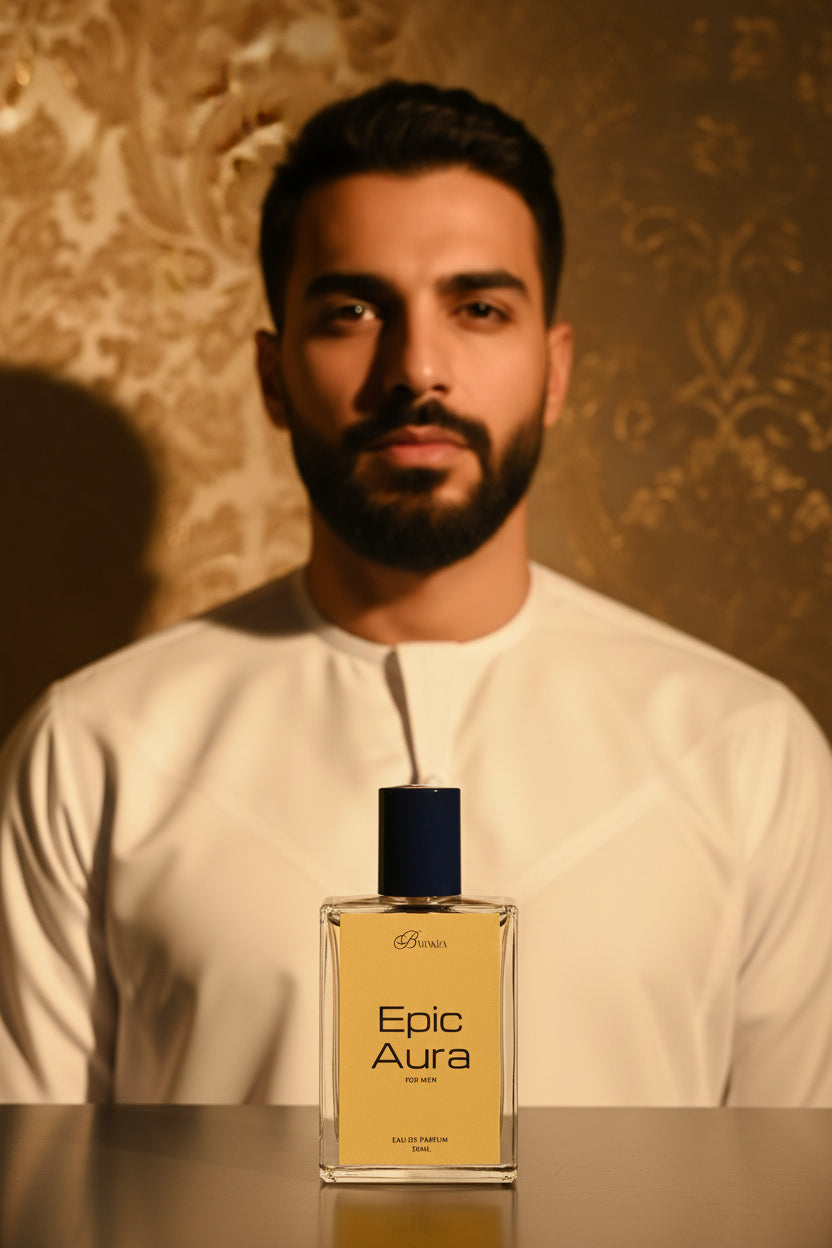 Perfume bottle labeled 'Epic Aura' on a decorative beige background