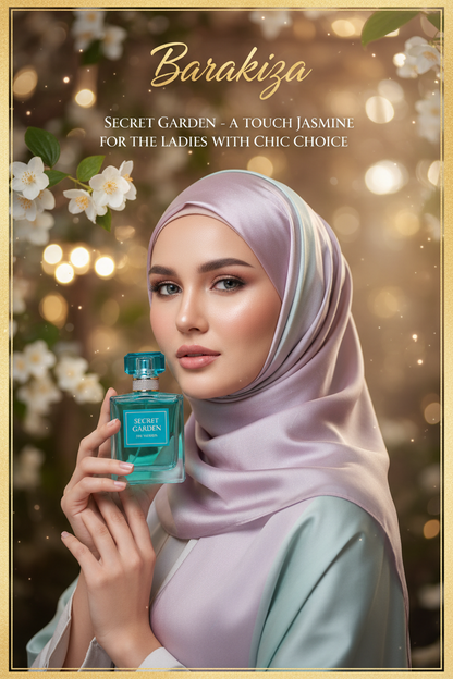 Perfume bottle labeled 'Secret Garden' with a garden-themed background