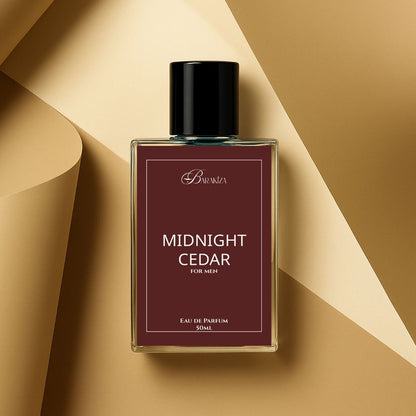 Perfume bottle labeled 'Midnight Cedar' by Barakiza on a beige background