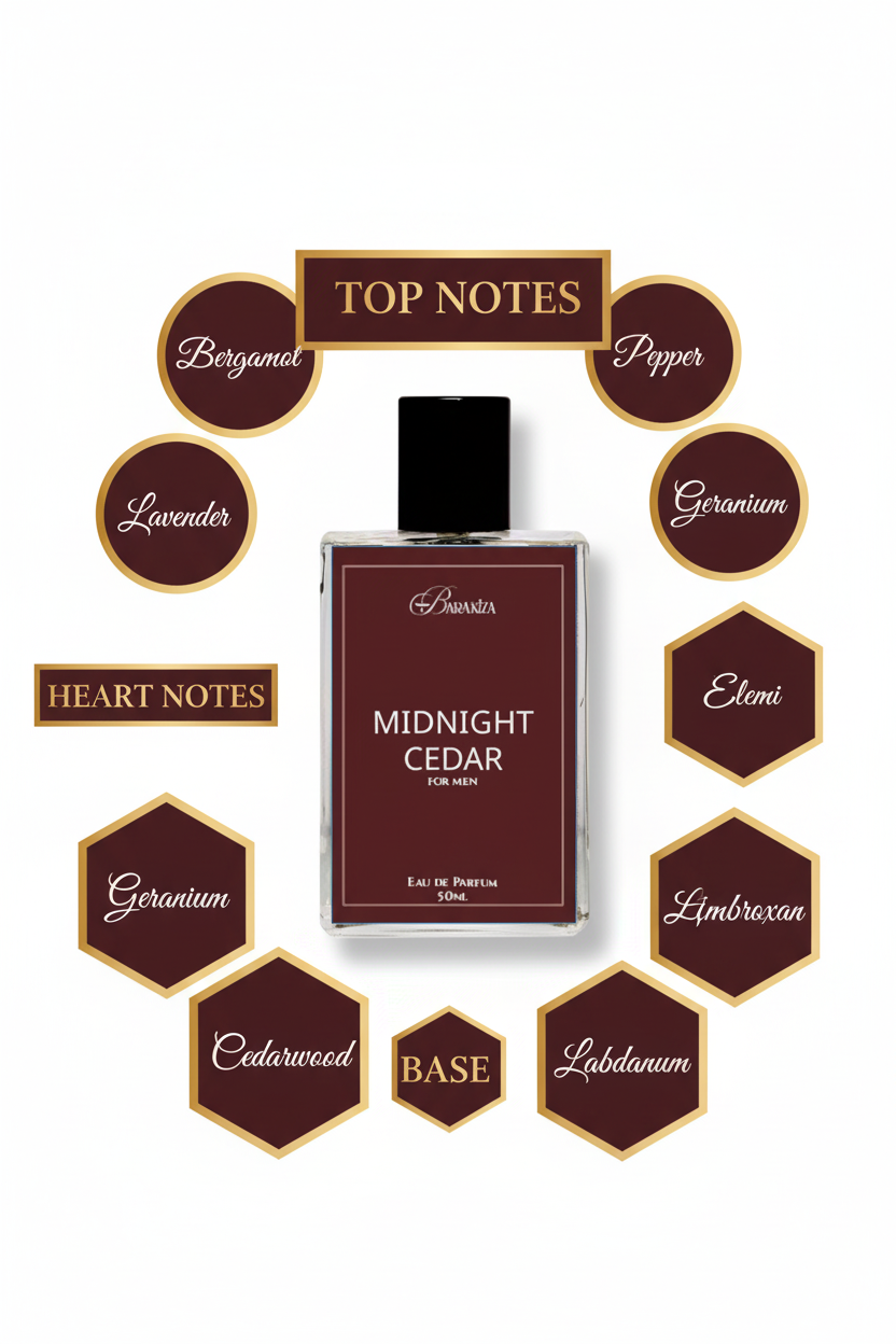 Barakiza Midnight Cedar eau de parfum bottle with notes