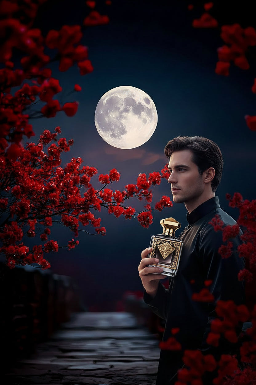Full moon over a red flowering tree and stone path at night