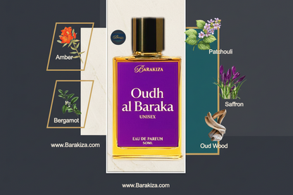 Barakiza Oudh al Baraka perfume bottle with floral elements and scents on a white background