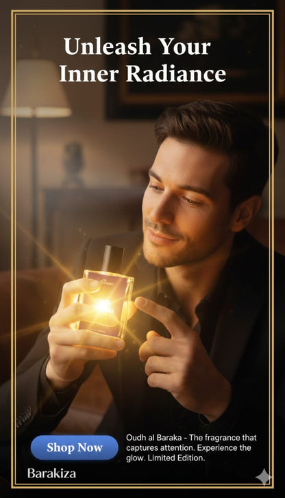 Man holding a glowing object with text 'Unleash Your Inner Radiance' and 'Barakiza' branding.