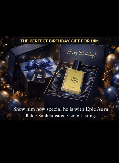 Epic Aura perfume in a gift box with decorative elements on a dark background