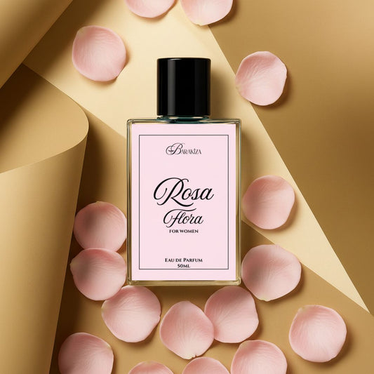 Perfume bottle labeled 'Rosa Flora' surrounded by pink petals on a beige background
