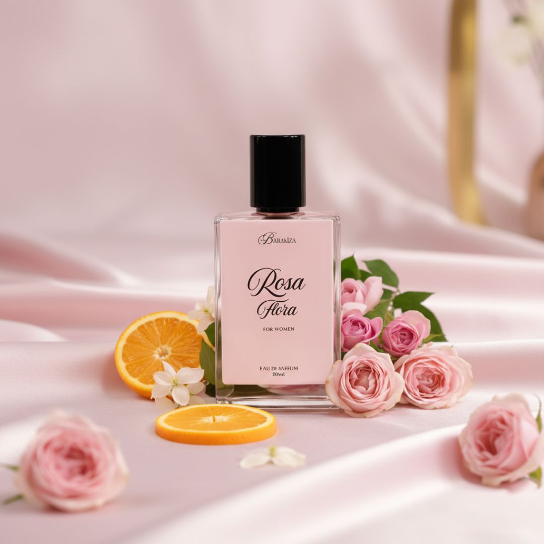 Perfume bottle labeled 'Rosa Flora' with pink roses and oranges on a soft pink background