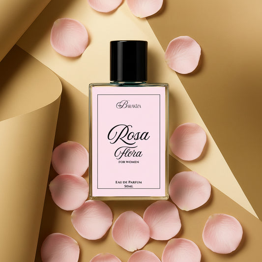Perfume bottle labeled 'Rosa Flora' on a beige background