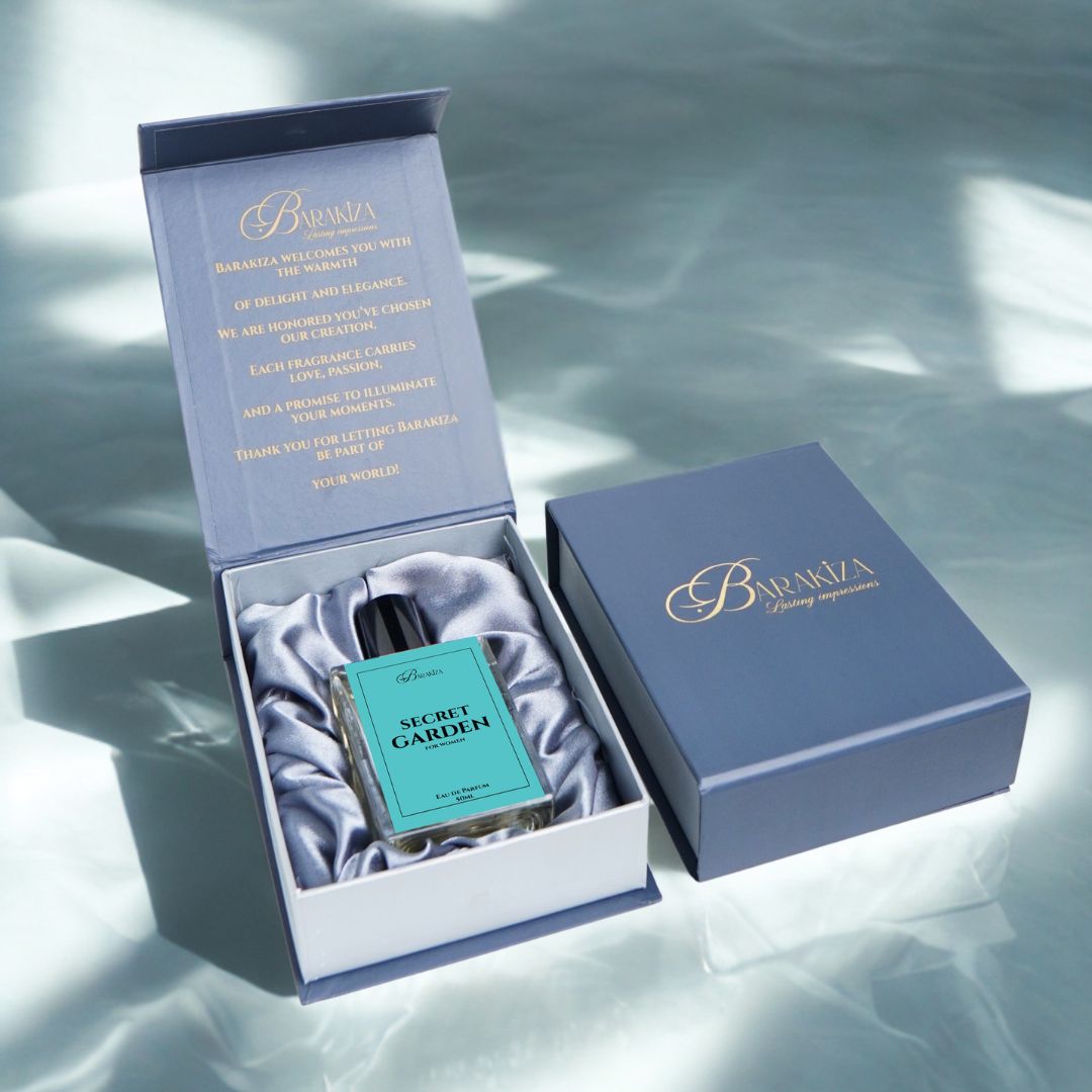 Perfume bottle with 'Secret Garden' label inside a decorative box on a light background