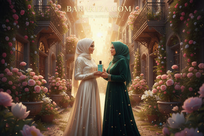 Perfume bottle labeled 'Secret Garden' in a picturesque street with flowers and buildings.