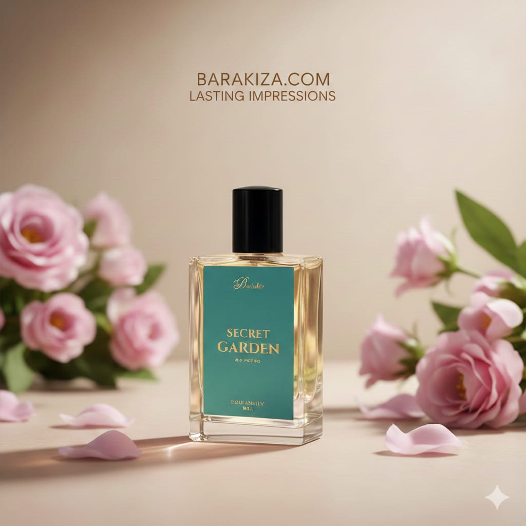 Perfume bottle labeled 'Secret Garden' with pink roses in the background on a beige surface.