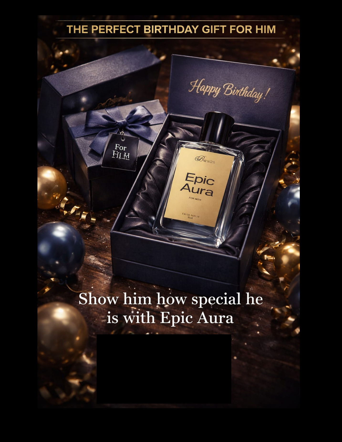 Epic Aura perfume bottle in a gift box with decorative elements on a dark background