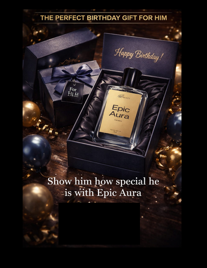 Epic Aura perfume bottle in a gift box with decorative elements on a dark background
