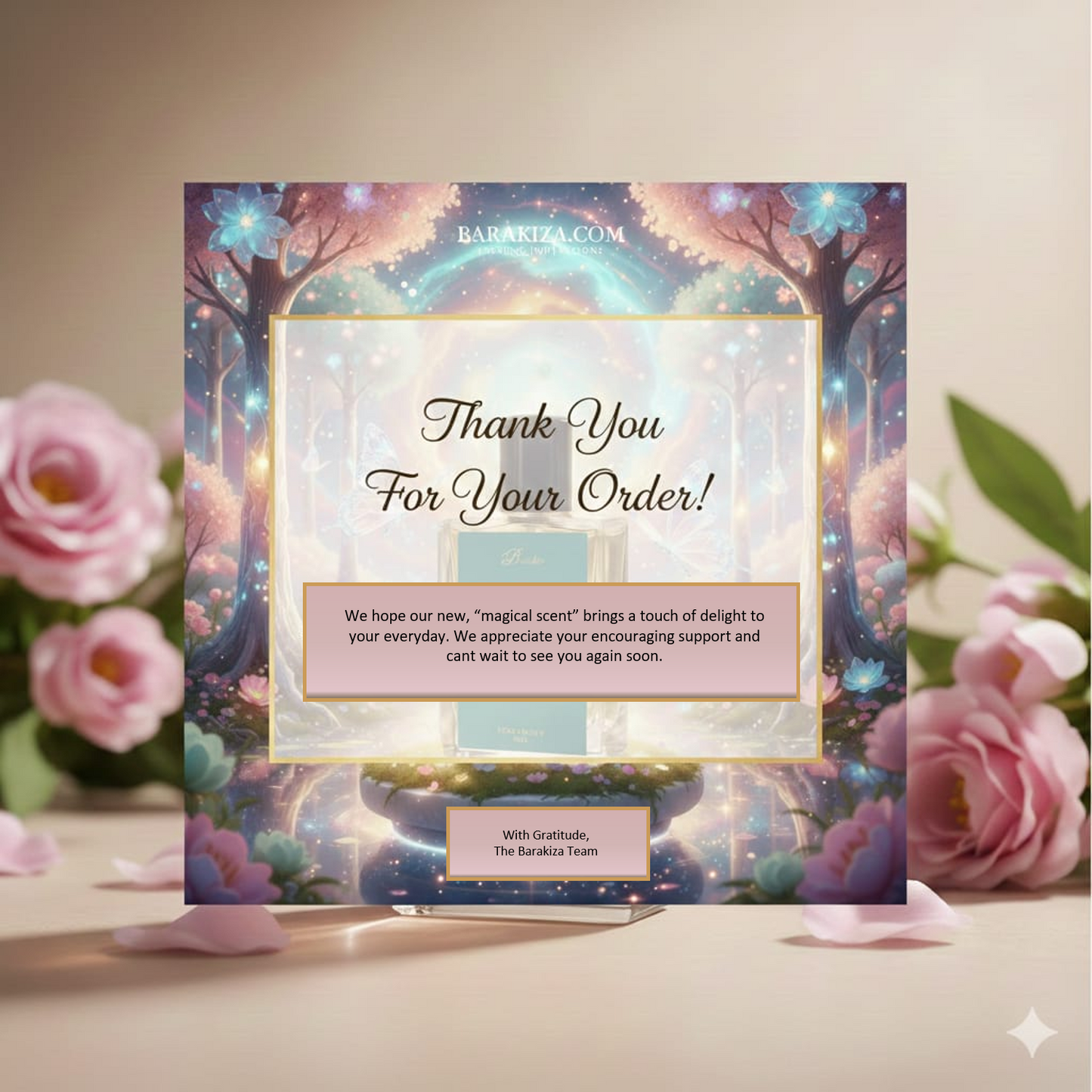 Card with 'Thank You For Your Order!' message in a magical forest design, surrounded by flowers.