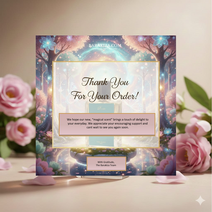 Card with 'Thank You For Your Order!' message in a magical forest design, surrounded by flowers.