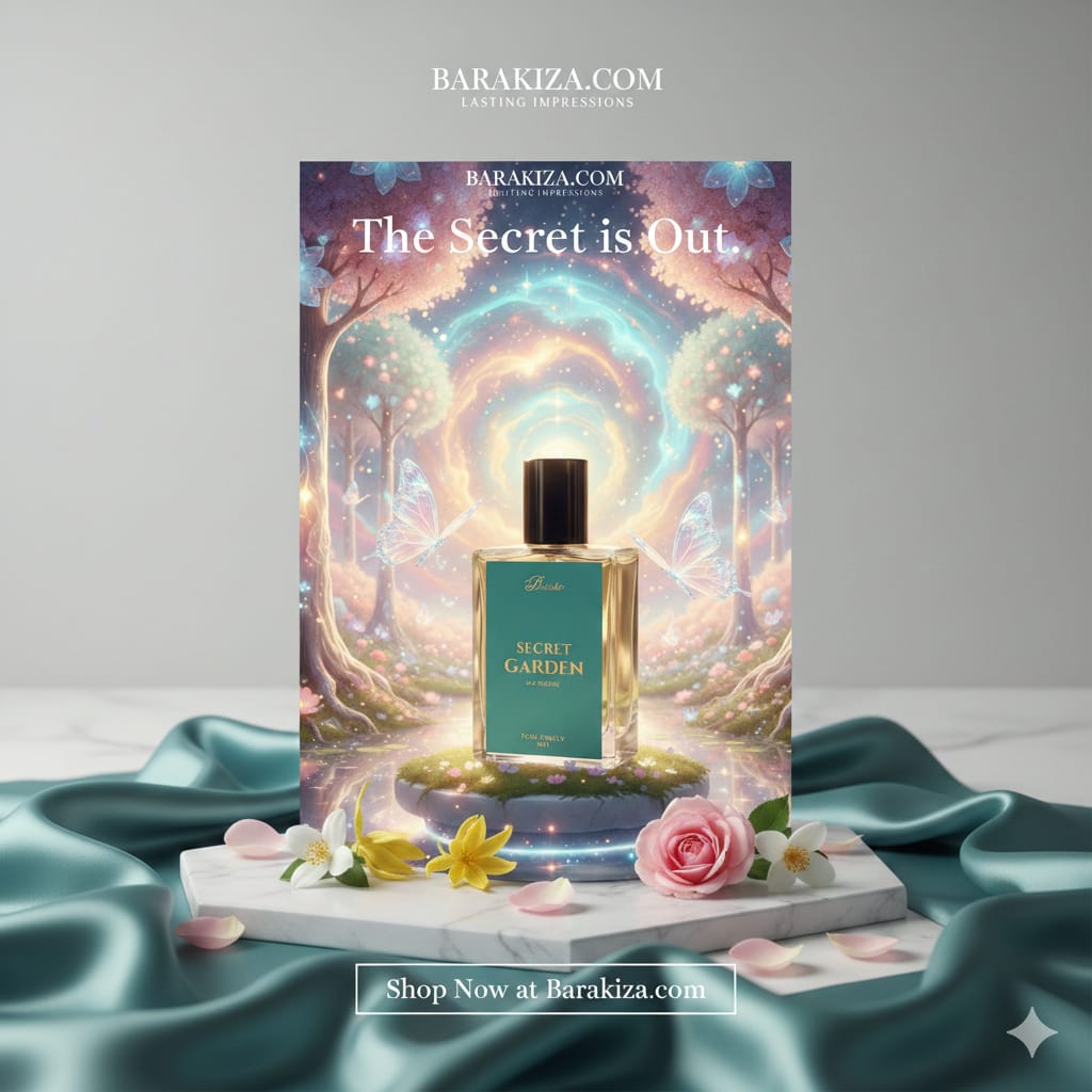 Perfume bottle with 'The Secret is Out' packaging featuring a fantasy design on a gray background.