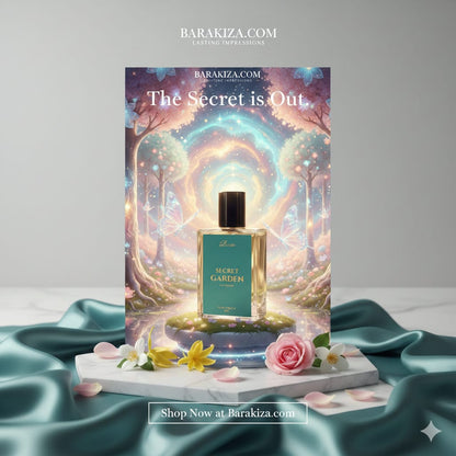 Perfume bottle with 'The Secret is Out' packaging featuring a fantasy design on a gray background.