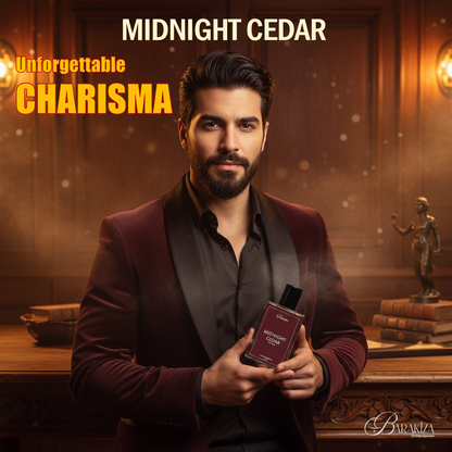 Two bottles of Midnight Cedar perfume with a dark background