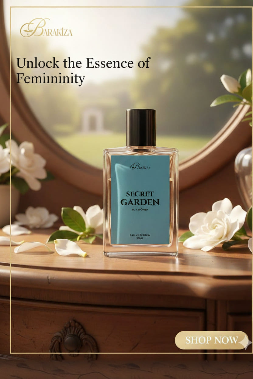 Perfume bottle labeled 'Secret Garden' with floral decorations on a wooden surface.