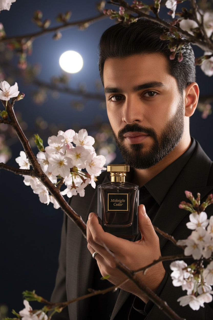 Cherry blossom branches with white flowers against a dark sky with a full moon.
