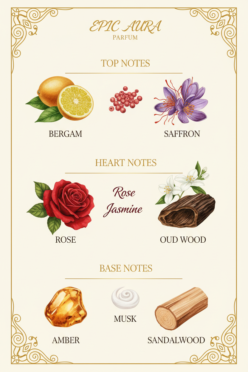 Perfume top, heart, and base notes chart with floral and fruit illustrations on a decorative background.