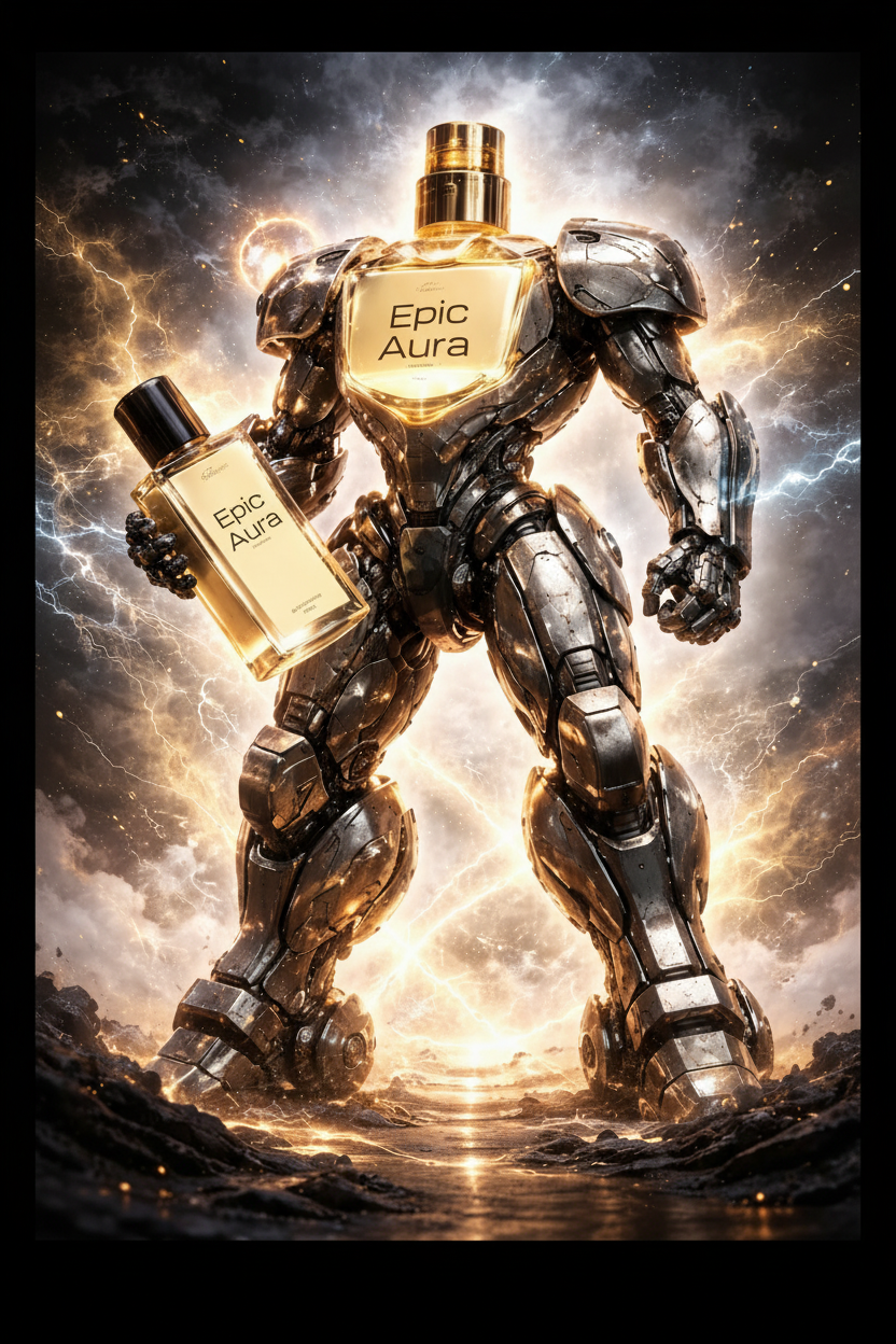 Robotic figure holding a 'Epic Aura' perfume bottle against a dramatic background