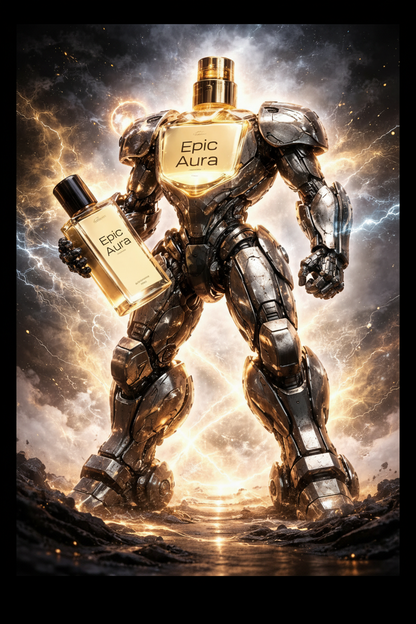 Robotic figure holding a 'Epic Aura' perfume bottle against a dramatic background